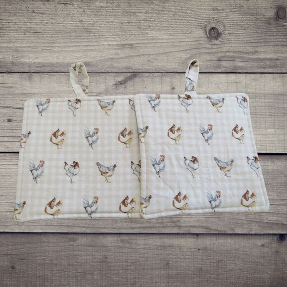 Handmade Potholder, Set of 2, Reversible Fall Pumpkins Roosters and Chickens - Picture 4 of 6